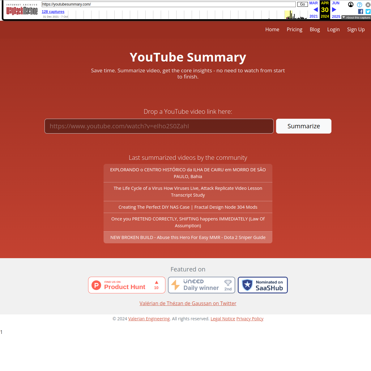 YouTube Summary home page in the April 30, 2024 Wayback archive