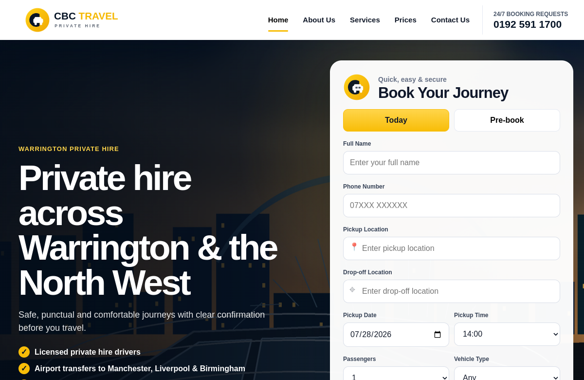 Real snapshot of the live CBC Travel private-hire booking website