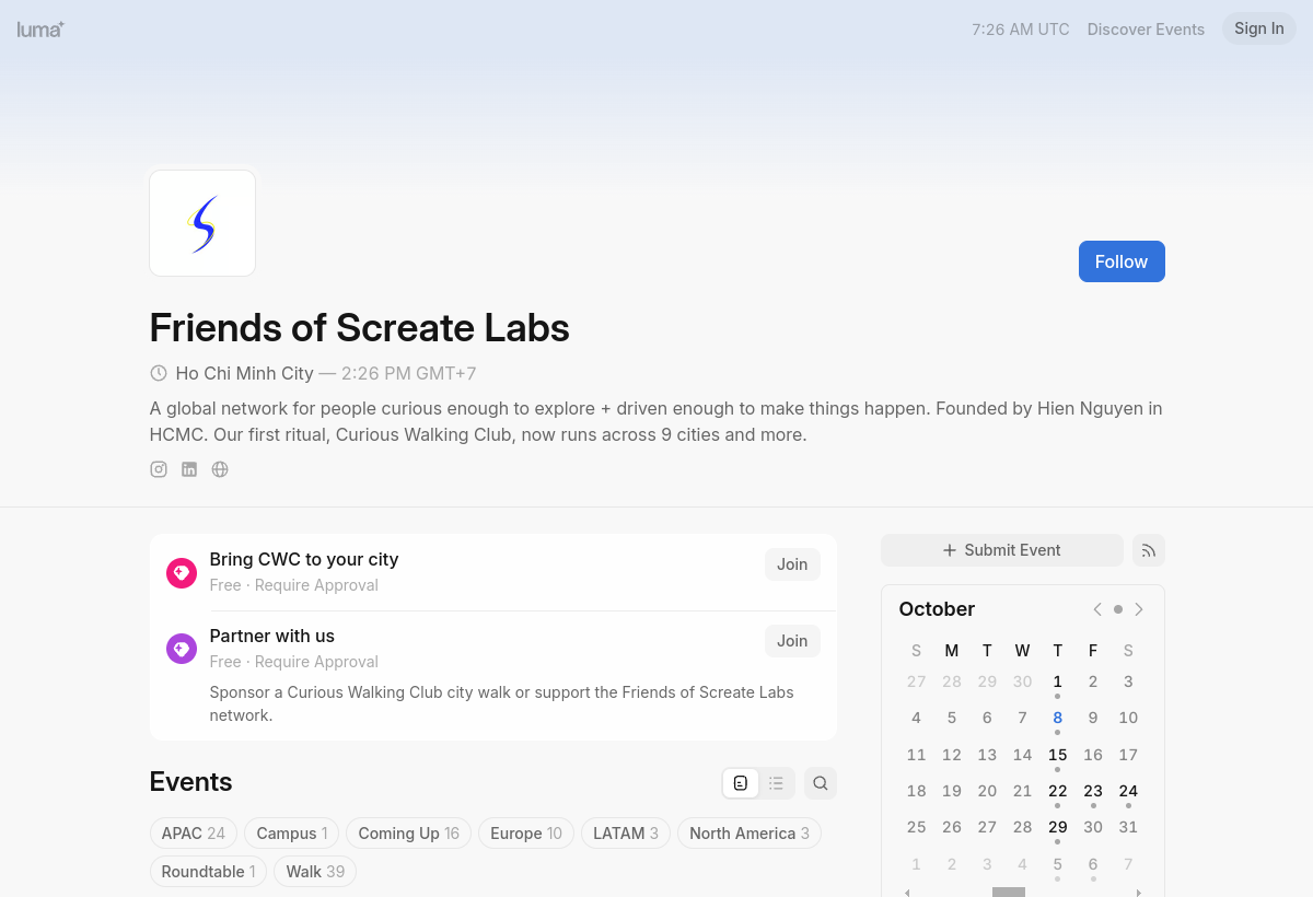 Preview of Friends of Screate Labs events and dates on Luma