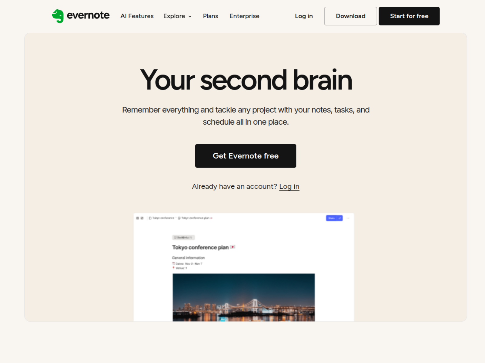 Evernote web sitesi önizlemesi