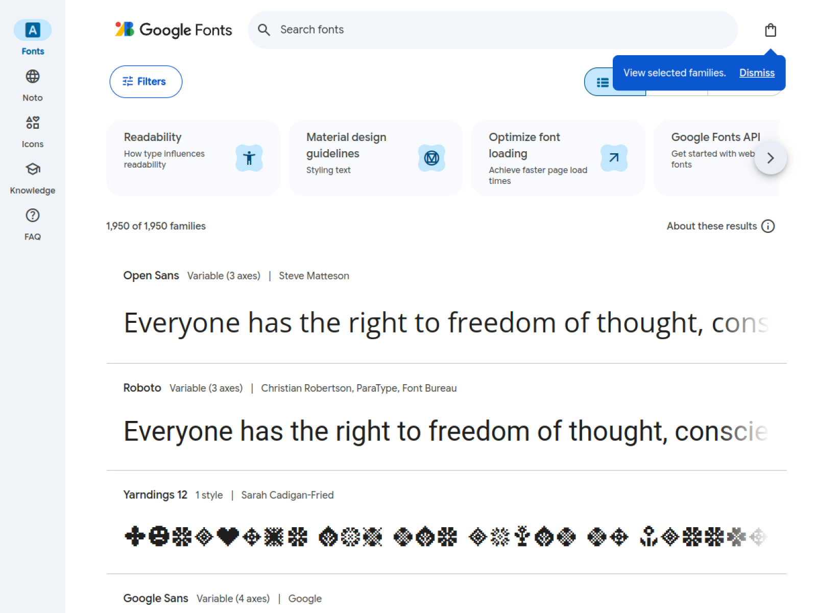 Google Fonts web sitesi önizlemesi