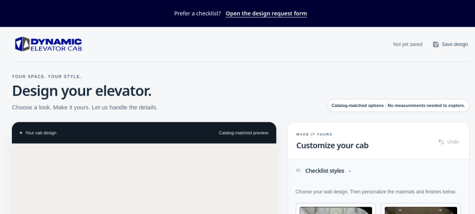 Dynamic Elevator Cab — Visual cab builder website preview