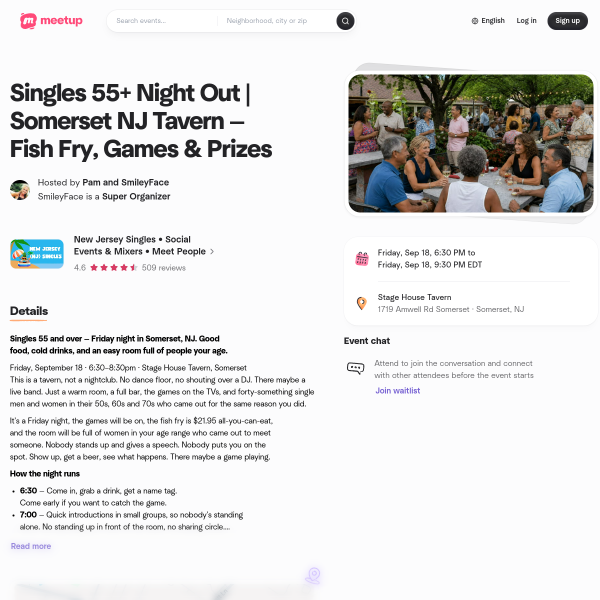 Singles 55+ Night Out | Somerset NJ Tavern — Fish Fry, Games & Prizes
