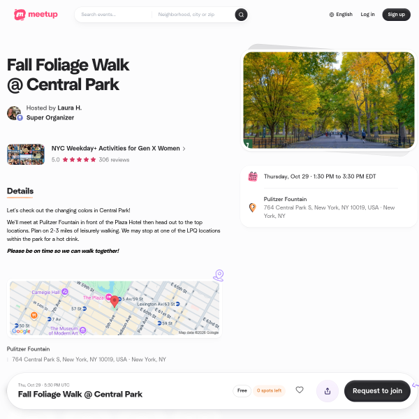 Fall Foliage Walk @ Central Park, Thu, Oct 29, 2026, 1:30 PM | Meetup