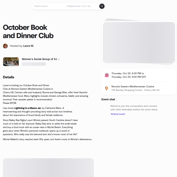 October Book and Dinner Club, Thu, Oct 29, 2026, 6:00 PM | Meetup