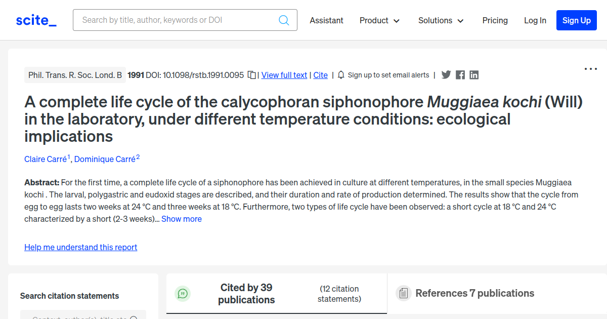 A complete life cycle of the calycophoran siphonophore Muggiaea kochi ...