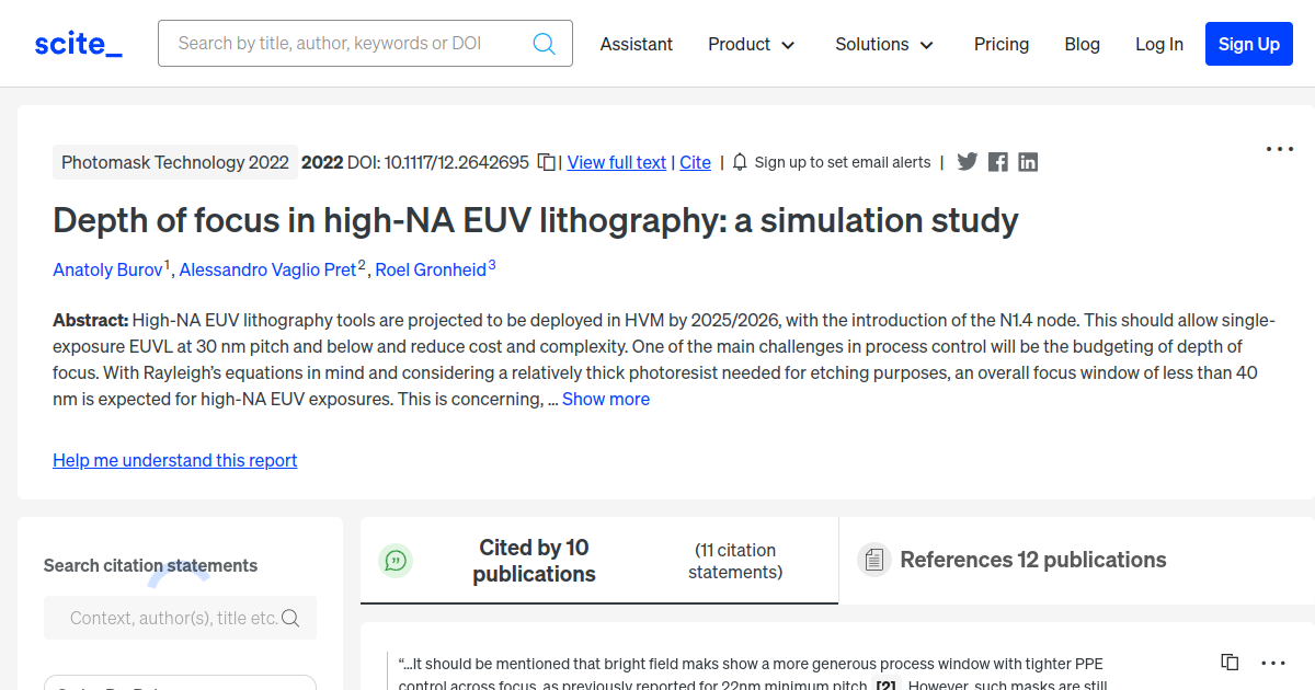 Depth of focus in high-NA EUV lithography: a simulation study - [scite ...