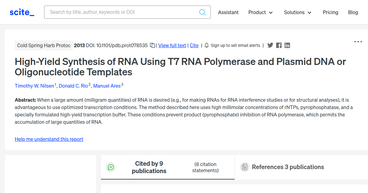 High-Yield Synthesis of RNA Using T7 RNA Polymerase and Plasmid DNA or ...