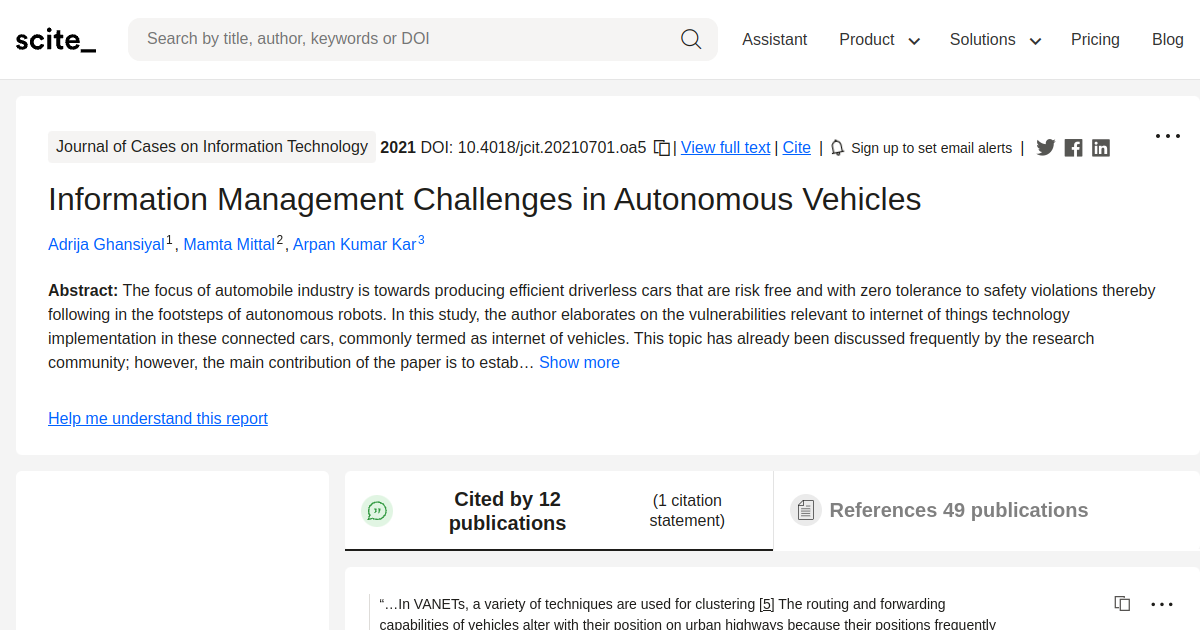 Information Management Challenges in Autonomous Vehicles - [scite report]