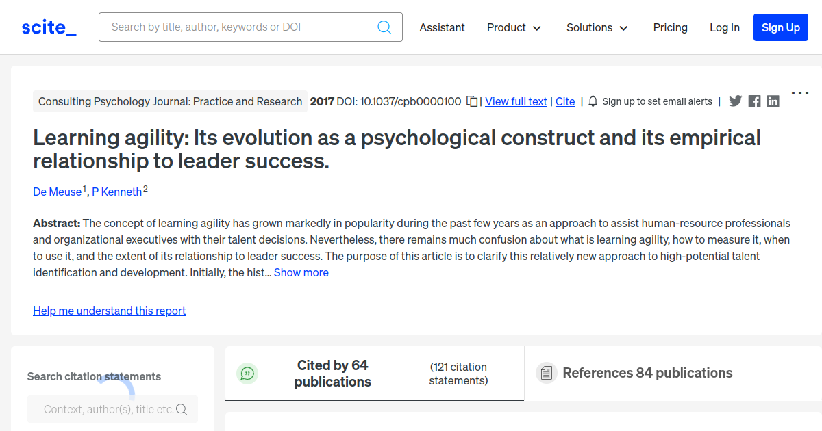 [citation report] Learning agility: Its evolution as a psychological ...