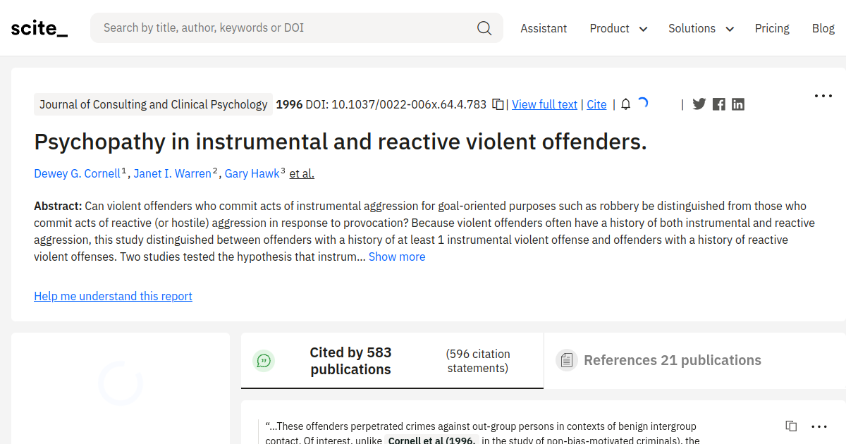 Psychopathy in instrumental and reactive violent offenders. - [scite ...