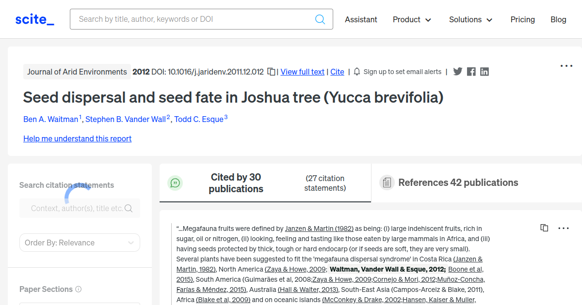 [citation report] Seed dispersal and seed fate in Joshua tree (Yucca ...