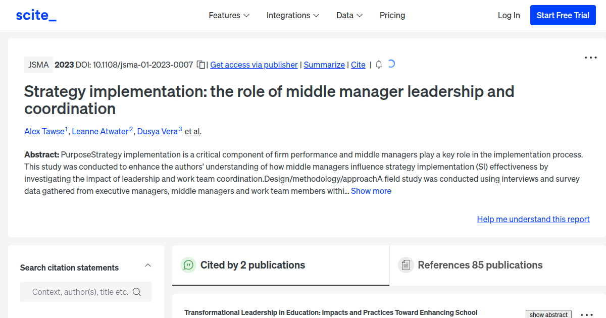 Strategy implementation: the role of middle manager leadership and ...