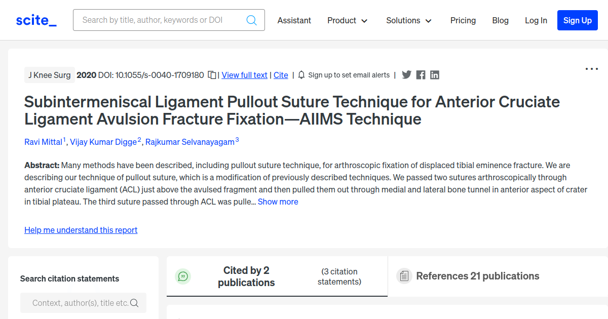 Subintermeniscal Ligament Pullout Suture Technique for Anterior ...