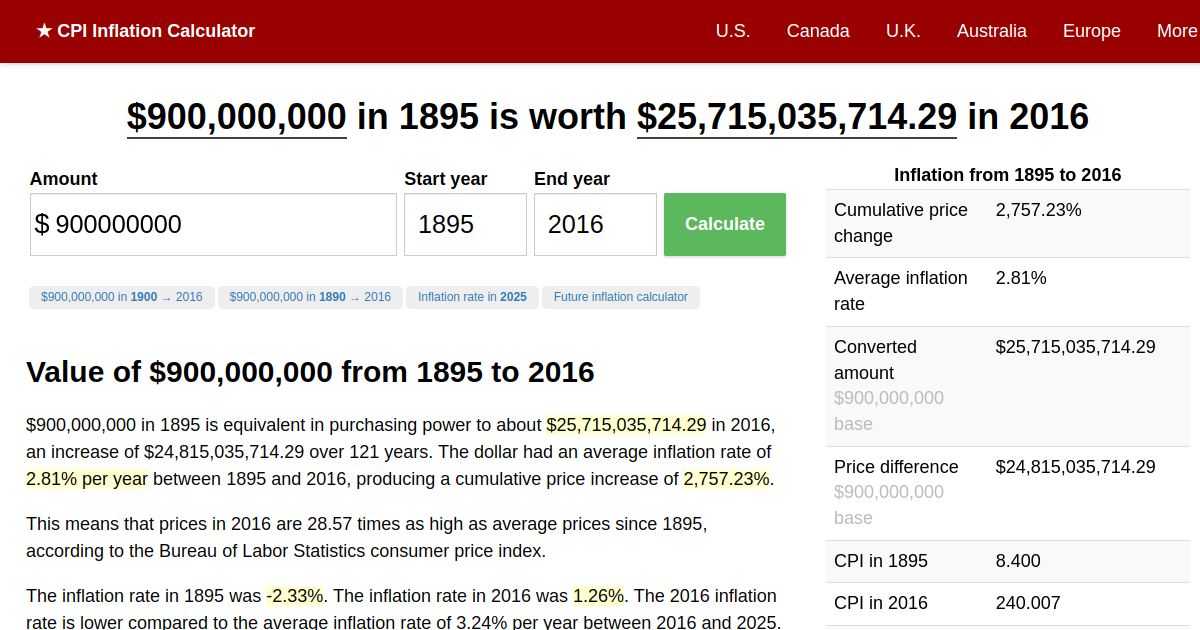 $900,000,000 in 1895 → 2016 | Inflation Calculator