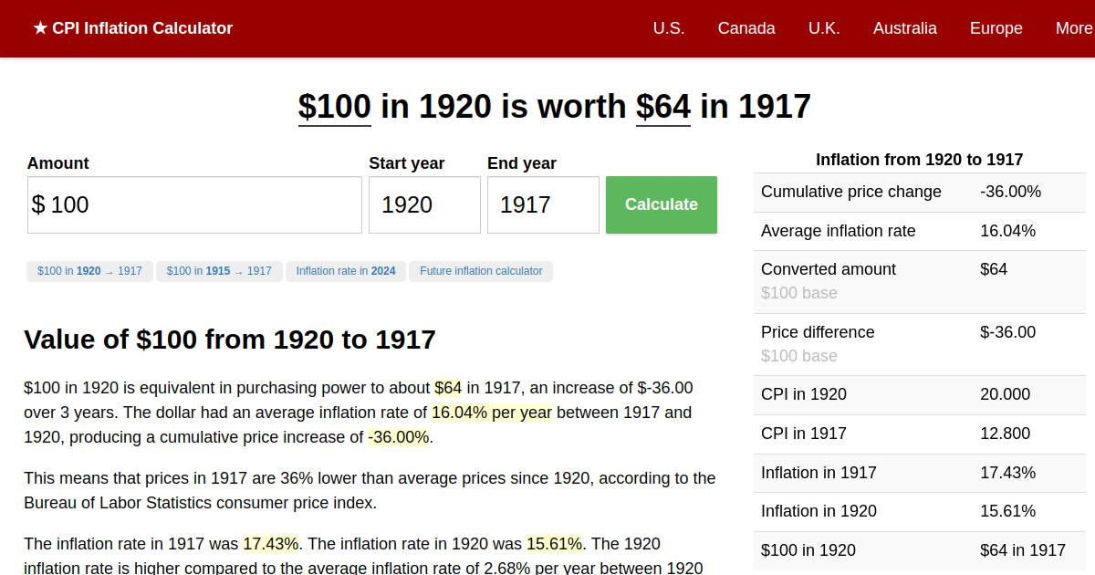 $100 in 1920 → 1917 | Inflation Calculator