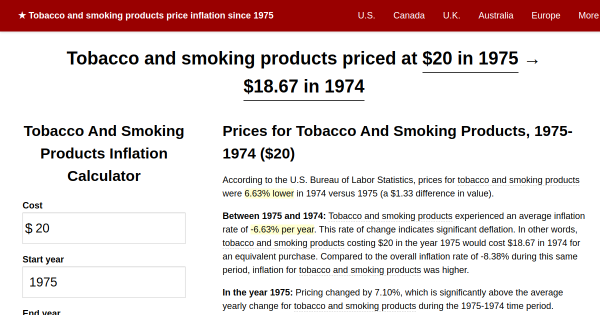 Tobacco and smoking products price inflation, 1975→1974