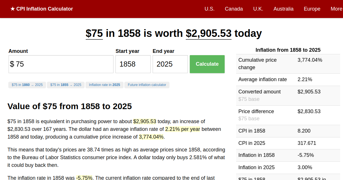 75 in 1858 → 2025 Inflation Calculator