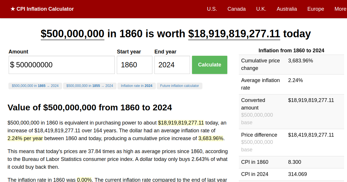 $500,000,000 in 1860 → 2024 | Inflation Calculator
