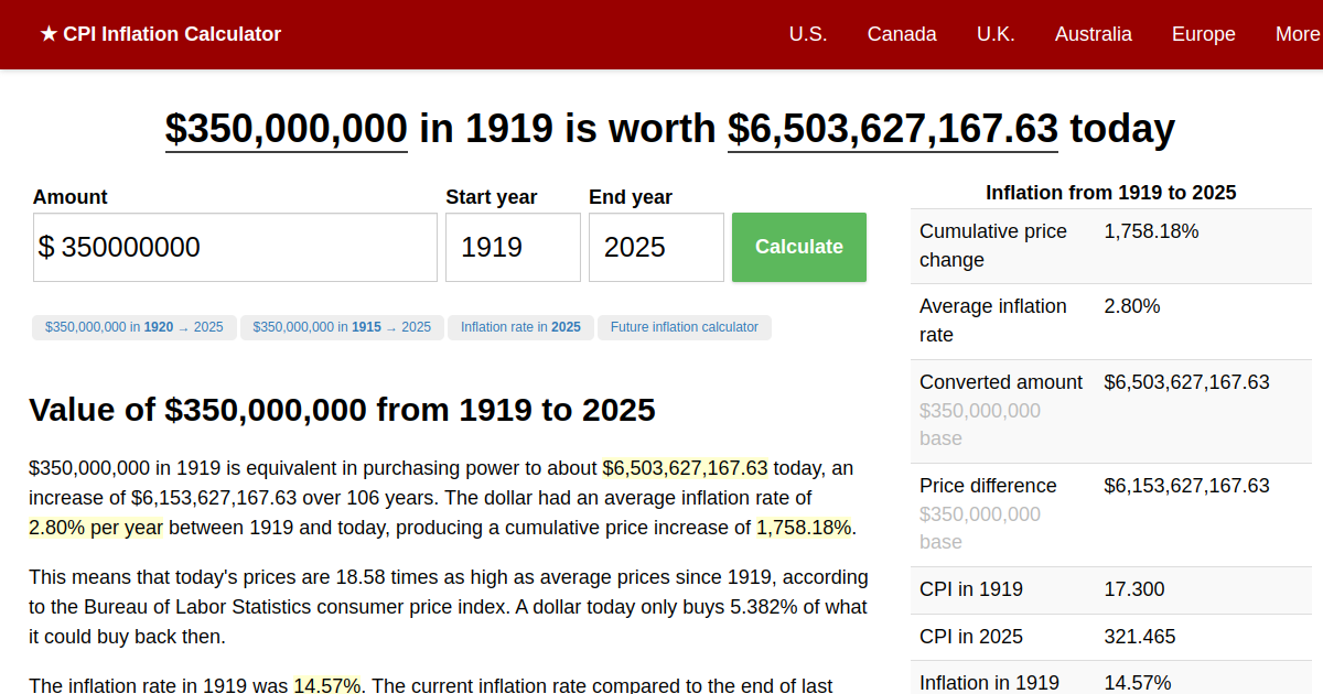 350,000,000 in 1919 → 2025 Inflation Calculator
