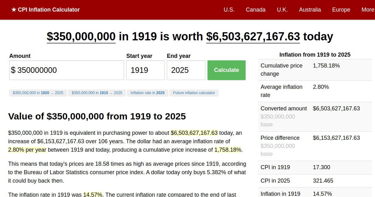 350,000,000 in 1919 → 2024 Inflation Calculator