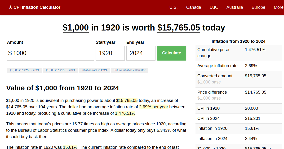 $1,000 in 1920 → 2022 | Inflation Calculator