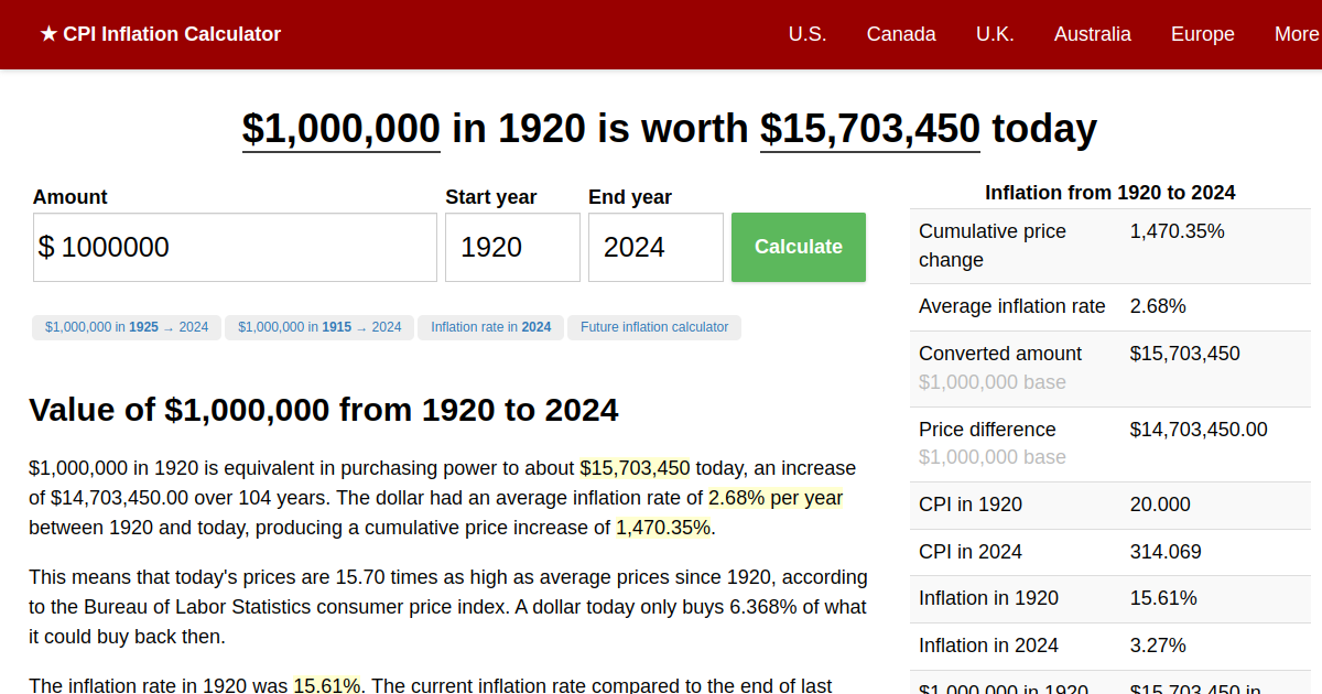 $1,000,000 in 1920 → 2022 | Inflation Calculator