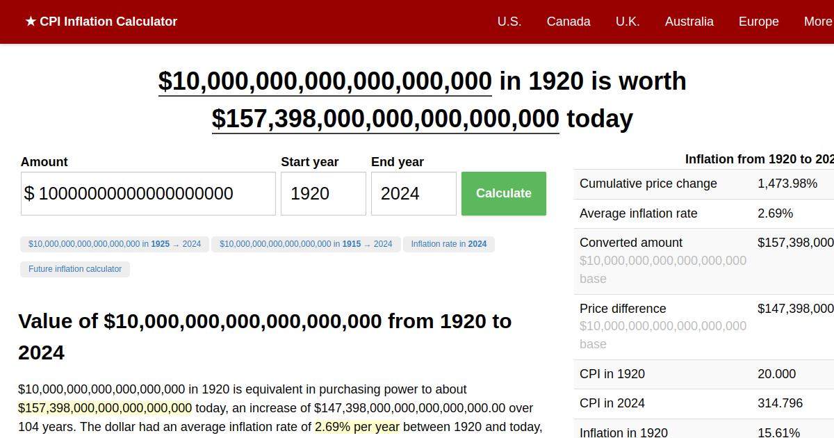 10,000,000,000,000,000,000 in 1920 → 2024 Inflation Calculator