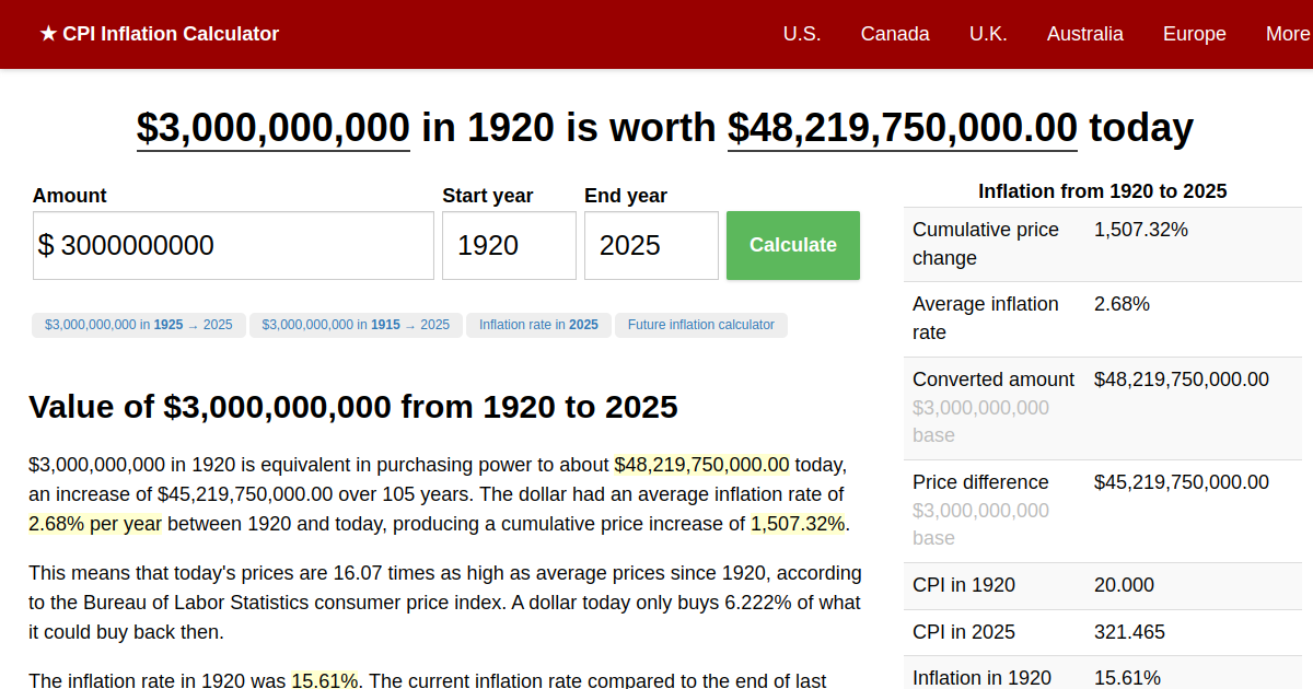 $3,000,000,000 in 1920 → 2025 | Inflation Calculator