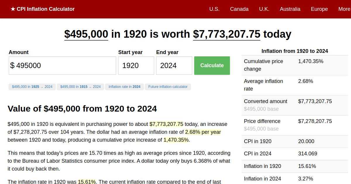 495,000 in 1920 → 2024 Inflation Calculator