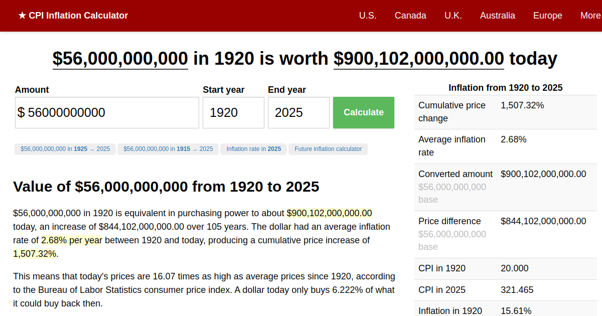 56,000,000,000 in 1920 → 2025 Inflation Calculator
