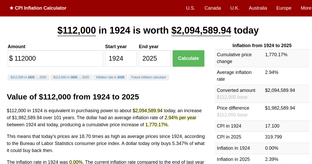 112,000 in 1924 → 2024 Inflation Calculator