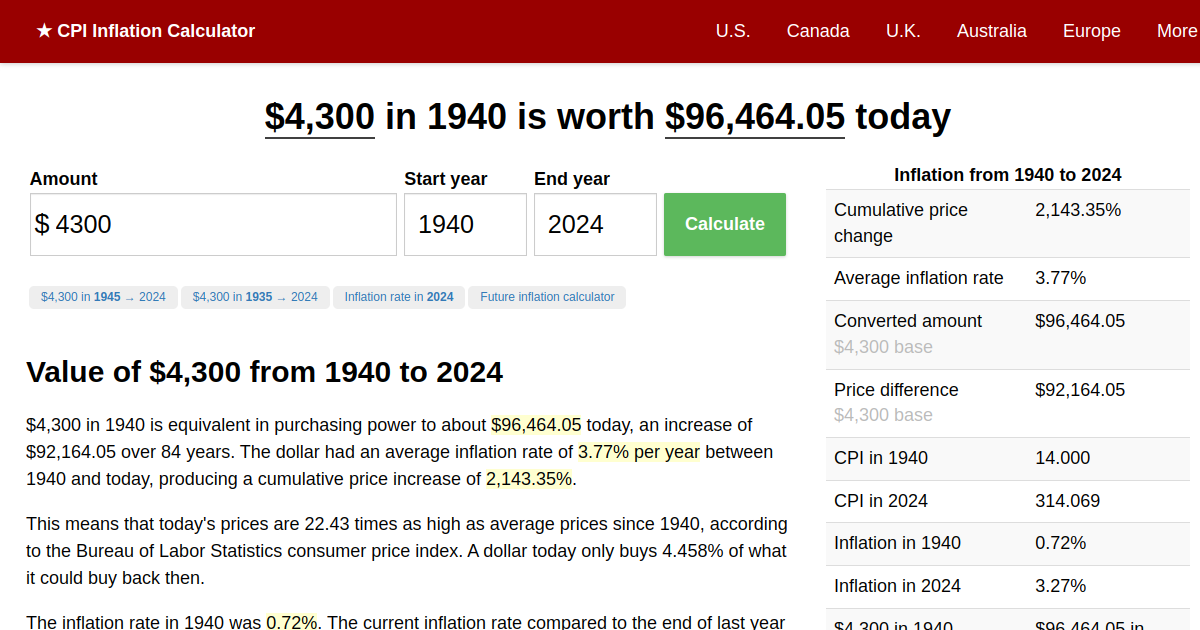 4,300 in 1940 → 2024 Inflation Calculator