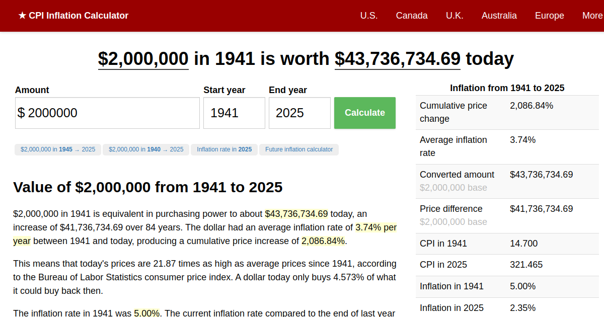 2,000,000 in 1941 → 2024 Inflation Calculator