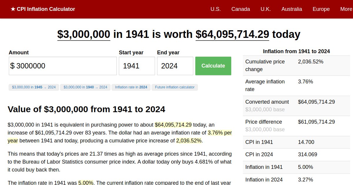 3,000,000 in 1941 → 2024 Inflation Calculator