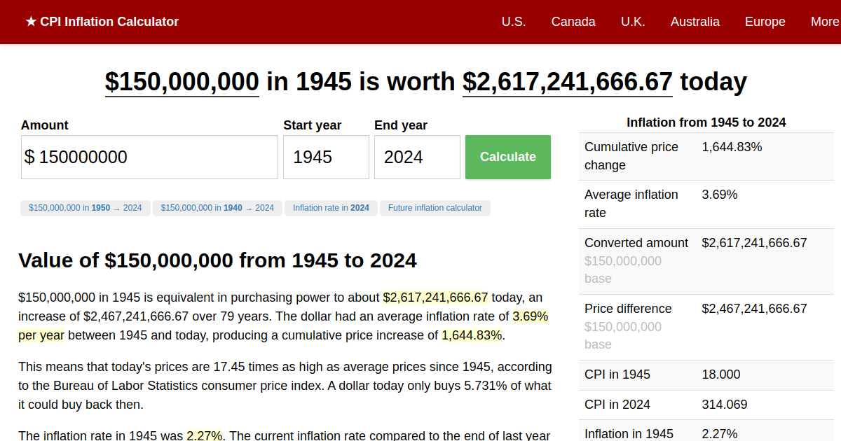 150,000,000 in 1945 → 2024 Inflation Calculator