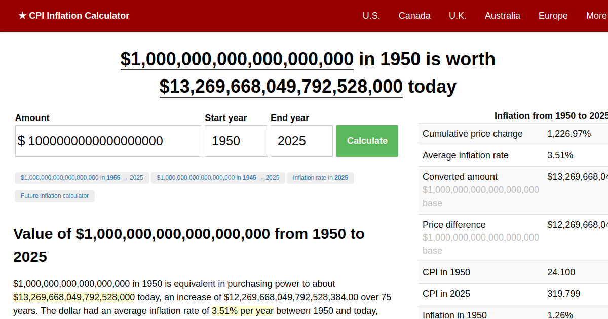 1,000,000,000,000,000,000 in 1950 → 2024 Inflation Calculator