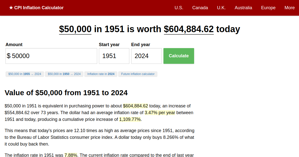 $50,000 in 1951 → 2022 | Inflation Calculator