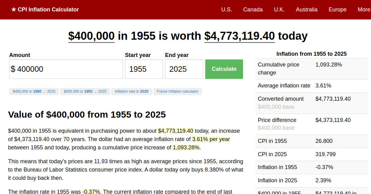 400,000 in 1955 → 2024 Inflation Calculator