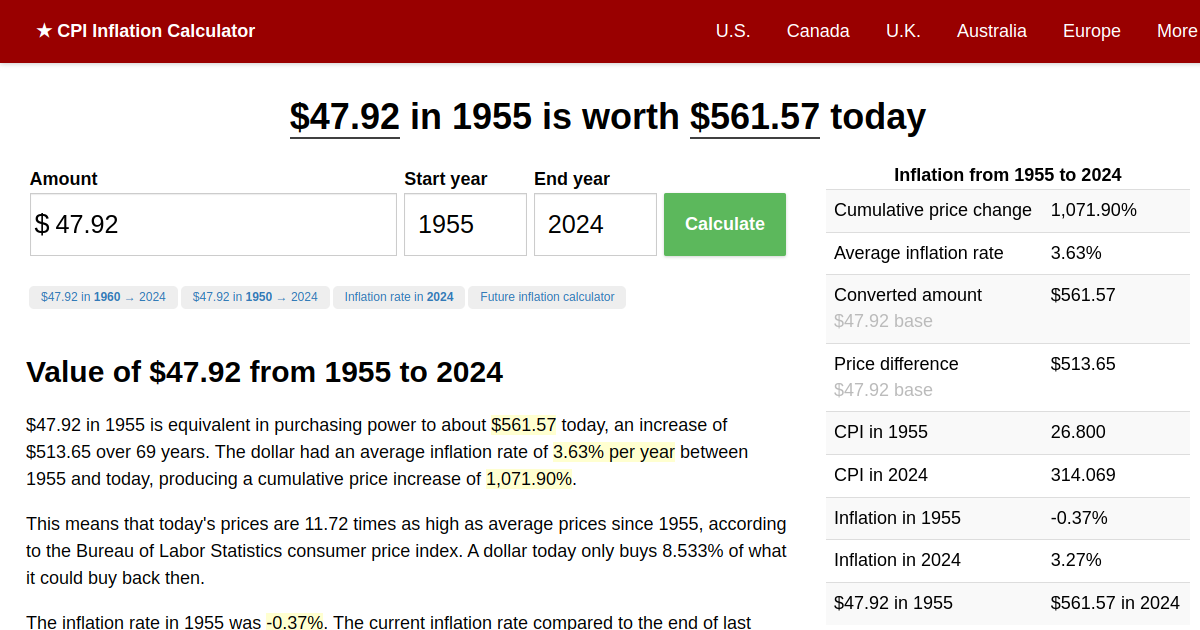 47.92 in 1955 → 2024 Inflation Calculator