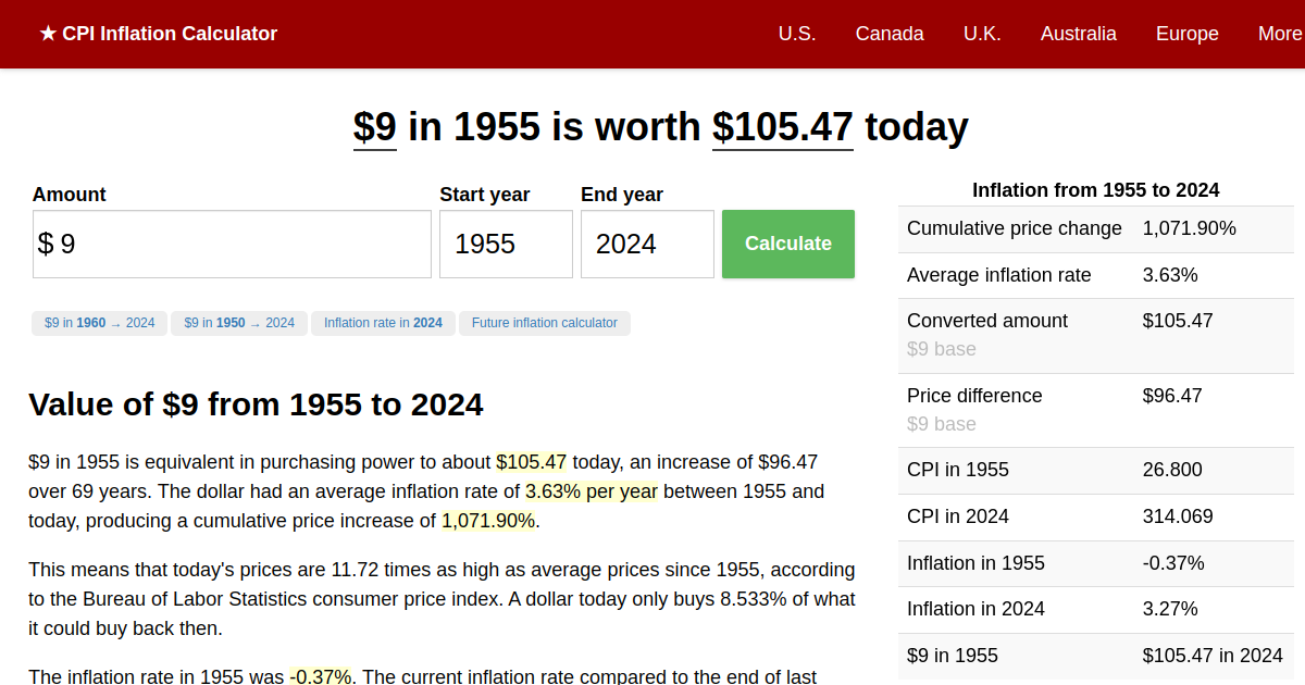 9 in 1955 → 2024 Inflation Calculator
