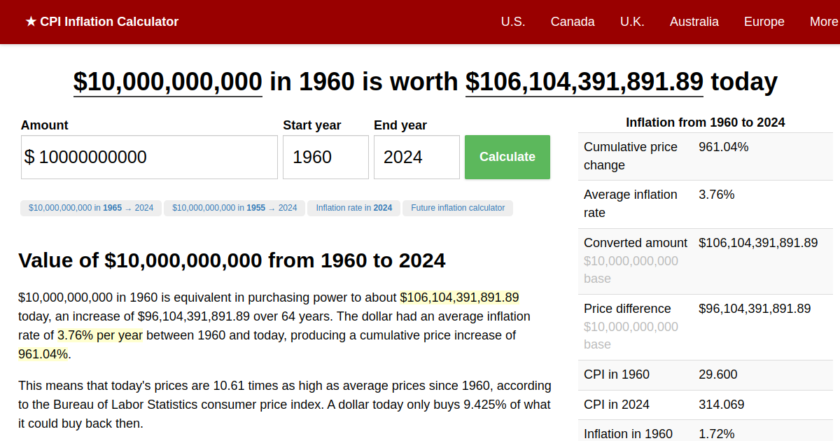 10,000,000,000 in 1960 → 2024 Inflation Calculator