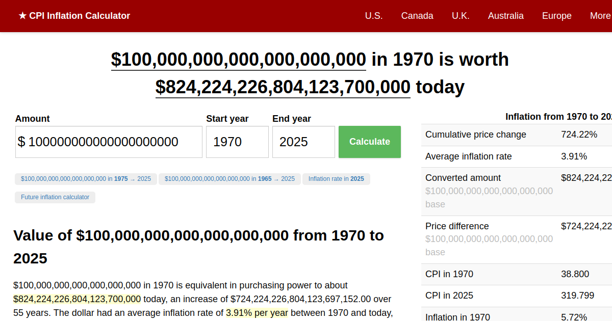 100,000,000,000,000,000,000 in 1970 → 2024 Inflation Calculator