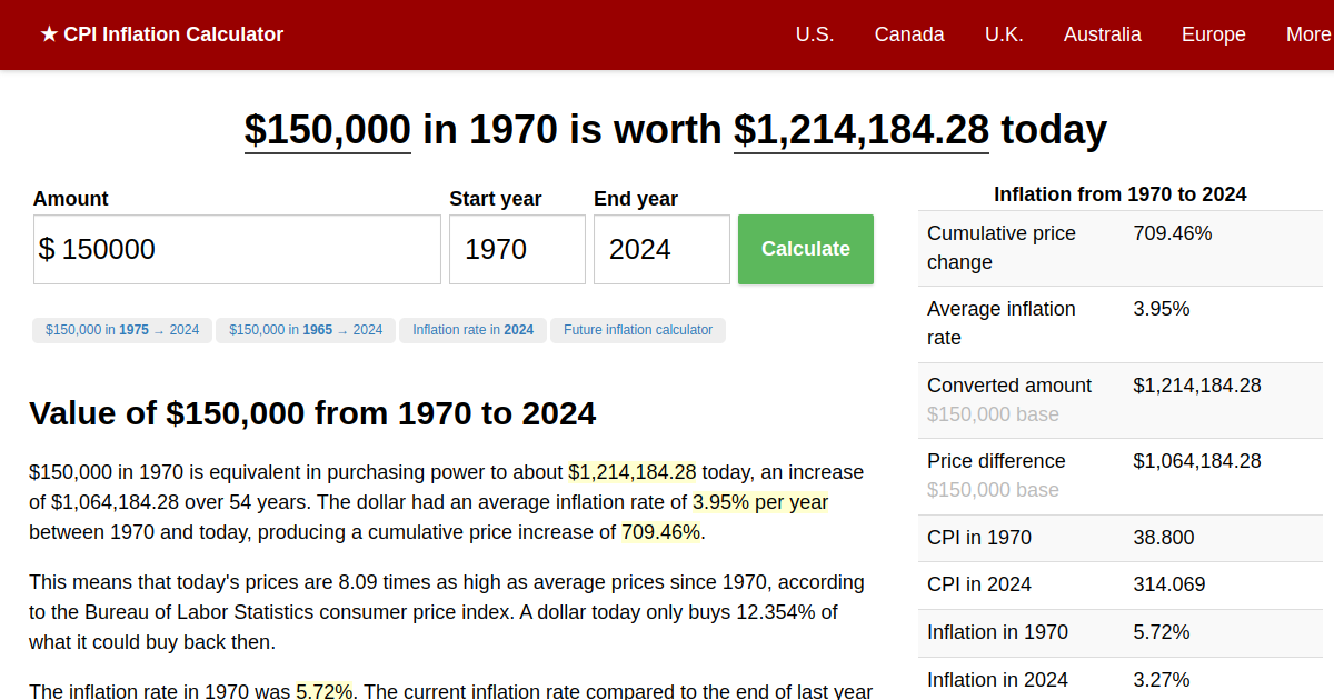 150,000 in 1970 → 2024 Inflation Calculator