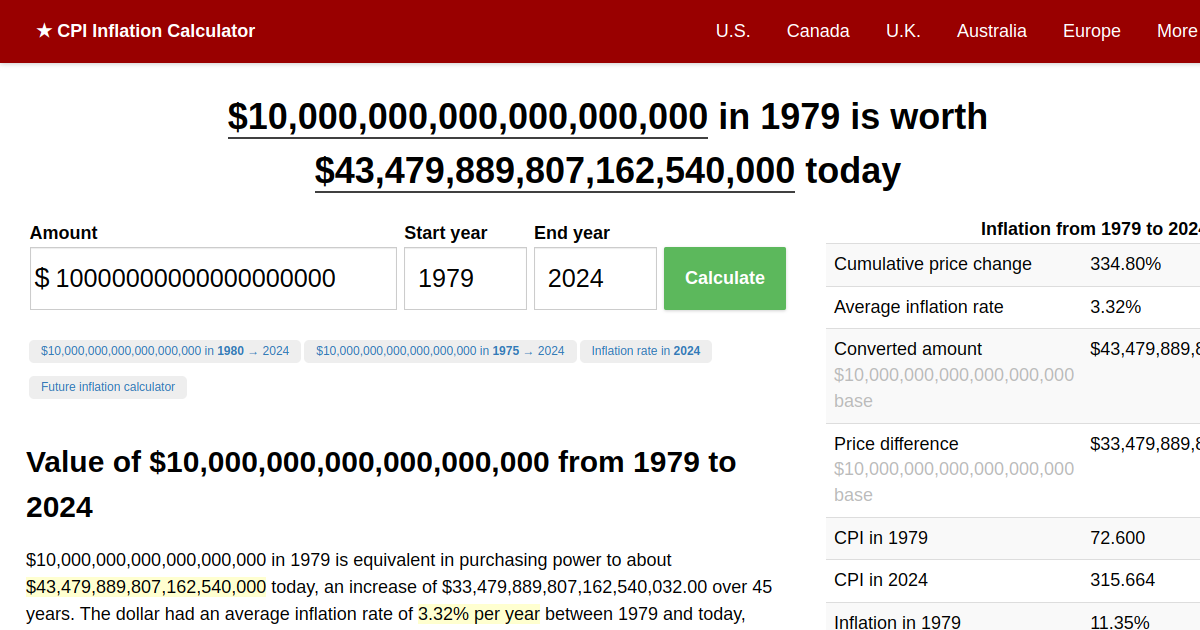 10,000,000,000,000,000,000 in 1979 → 2024 Inflation Calculator