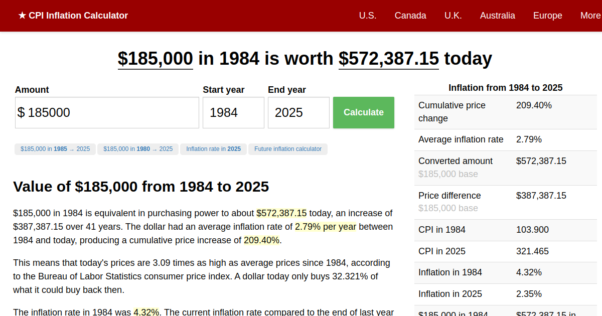 185,000 in 1984 → 2024 Inflation Calculator