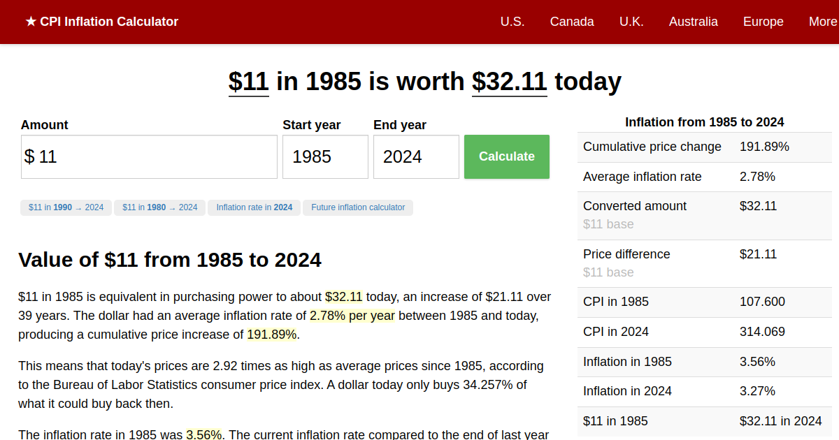 11 in 1985 → 2024 Inflation Calculator