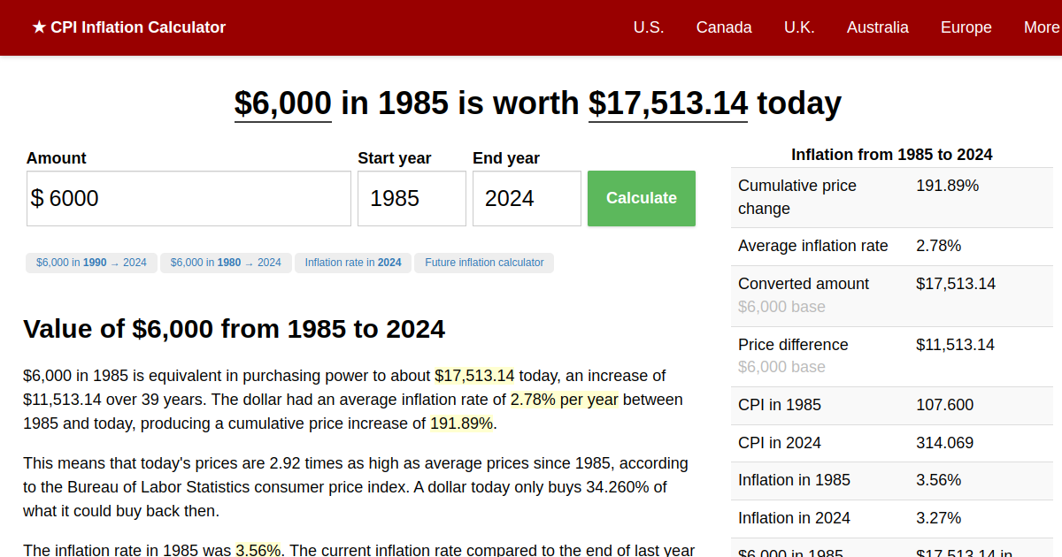 6,000 in 1985 → 2024 Inflation Calculator