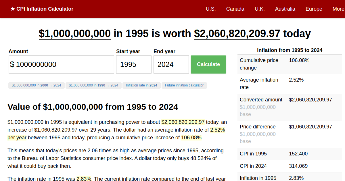 1,000,000,000 in 1995 → 2024 Inflation Calculator