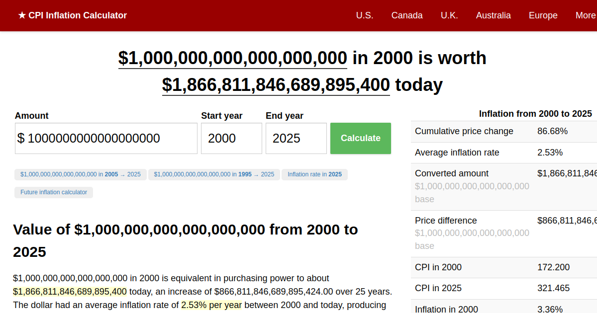 1,000,000,000,000,000,000 in 2000 → 2025 Inflation Calculator